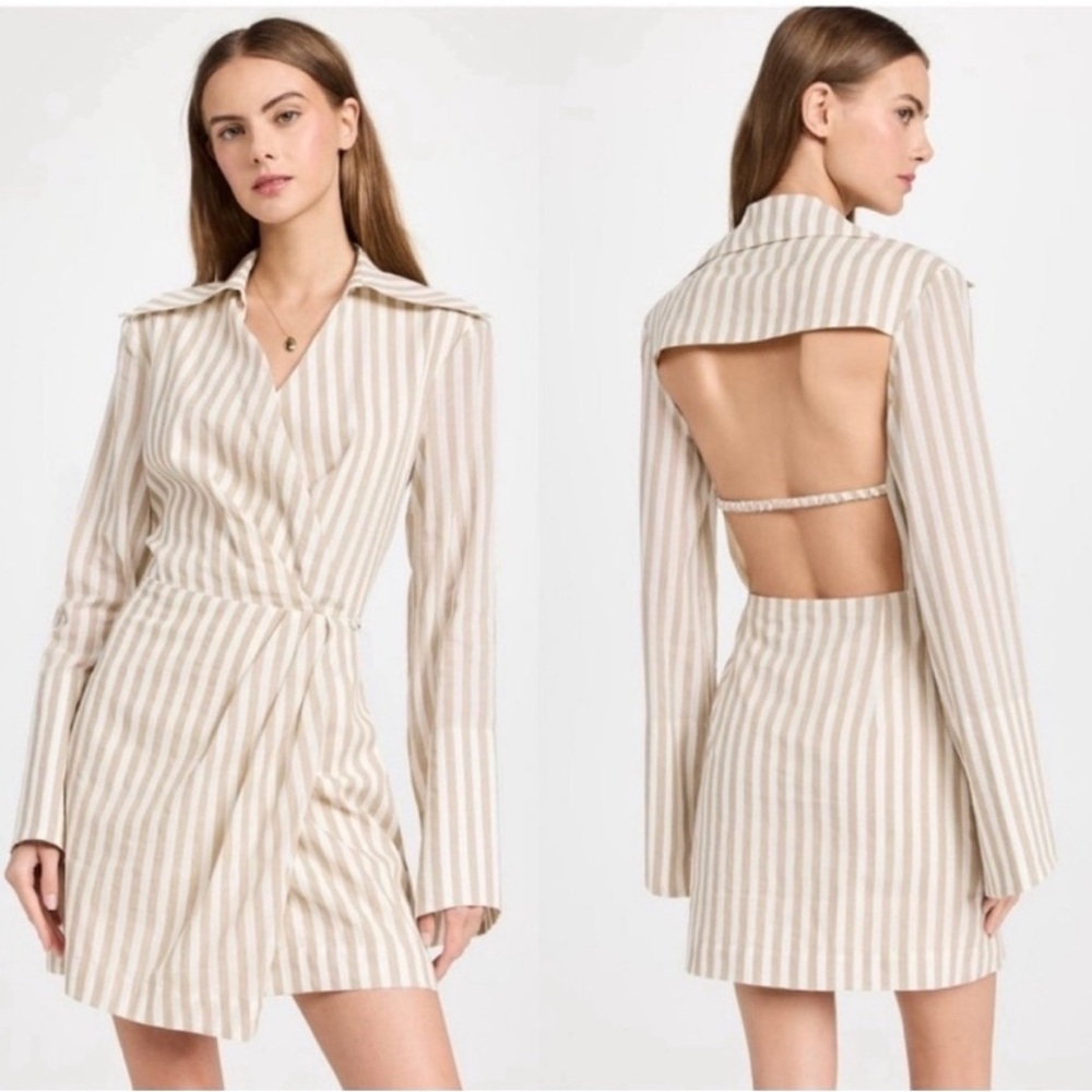 NANUSHKA Esma Stripe Cotton & Linen Blend Shirtdress in Beige Size M